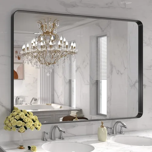 Vista 31 de LOAAO 20x16 Pulgadas Espejo de Baño con Marco de Metal Negro para Pared, Espejo de Tocador de Baño de Estilo Granja, Espejo Grande Rectangular