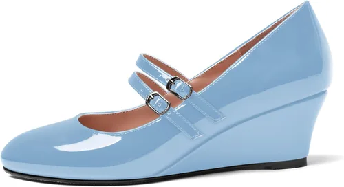 Vista 2 de SHOWFOREST Zapatos de tacón bajo con hebilla de punta redonda para mujer, con correa ajustable y correa ajustable, 2 pulgadas