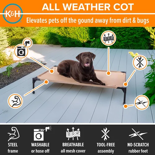Vista 2 de K&H PET PRODUCTS - Cuna elevada para mascotas con centro de malla, varios tamaños Malla de color marrón.