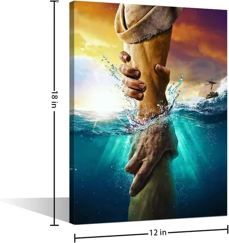 Vista 2 de Lienzo decorativo con texto en inglés «The Hand Of Gods» (La mano de Dios), arte de pared grande con diseño de Jesús, arte de pared grande envuelto