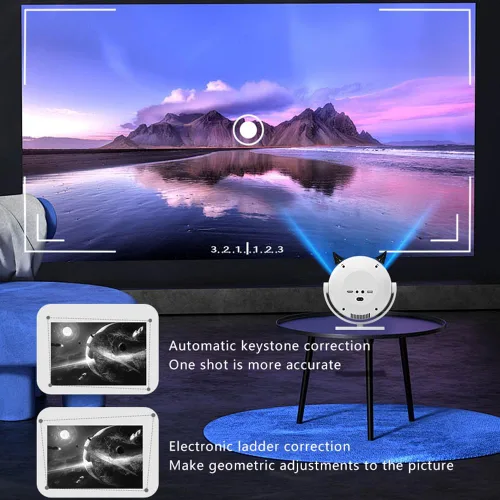 Vista 2 de Mini proyector con WiFi y Bluetooth, proyector de películas portátil con rotación de 180°, compatible con Full HD 1080p, Keystone vertical