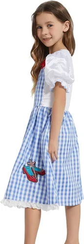 Vista 6 de WXCTEAM Disfraz de mago para niños y niñas, vestido de guinga con mangas abullonadas y estampado a cuadros