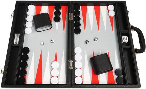 Vista 3 de Juego de Backgammon Premium de 16 pulgadas, tamaño mediano, tablero negro, puntos blancos y rojos escarlata