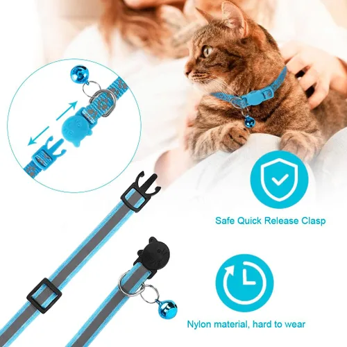 Vista 3 de Paquete de 2 collares reflectantes para gatos con campanas de 7 a 12 pulgadas, color azul Reflective, breakaway buckle, bells included, 7-12 inch