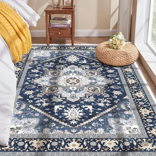Vista 214 de OPPODREAM Alfombras suaves, pequeñas y lavables con parte trasera antideslizante, alfombra de cachemira sintética de pelo bajo, 2 x 3 pies, azul