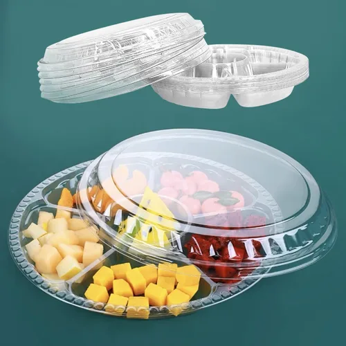 Vista 9 de 12 bandejas desechables para frutas, bandeja redonda de plástico para servir aperitivos con tapa, 5 compartimentos, platos de fiesta, recipientes