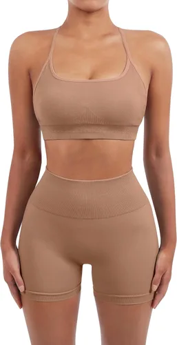 Vista 3 de SUUKSESS Conjuntos de entrenamiento sin costuras para mujer, sujetador deportivo con tiras y cintura alta, pantalones cortos