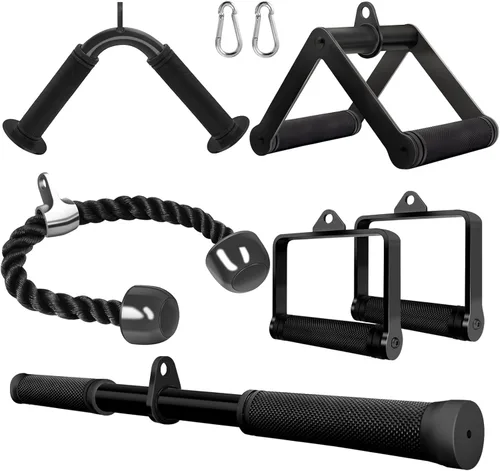 Vista 10 de Accesorio de cable de doble mango en D para entrenamiento con pesas, de acero con empuñadura de goma antideslizante (negro)