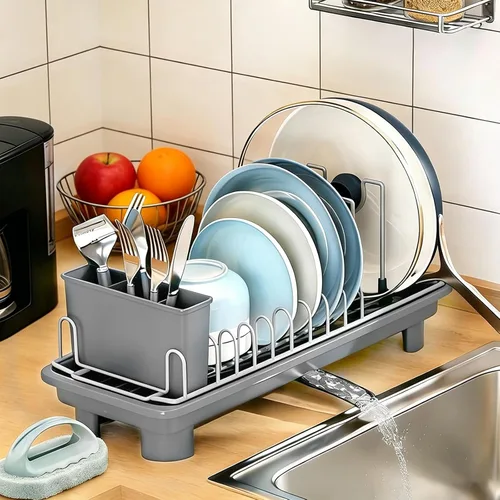 Vista 9 de Escurridor compacto para encimera, tamaño pequeño para dormitorios, caravanas y cocinas pequeñas, drenaje automático, ranuras ajustables, resistente