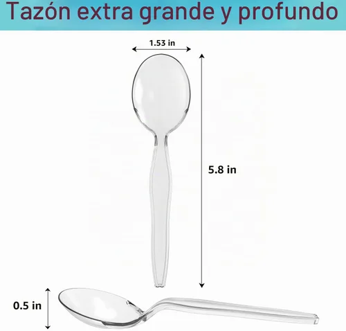 Vista 2 de Cucharas de sopa de plástico, cubiertos transparentes pesados, utensilios desechables para suministros de fiesta, paquete de 100