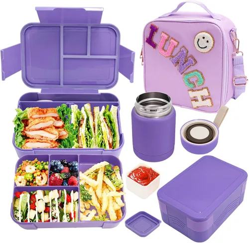 Vista 8 de Bolsa de almuerzo aislada para niños y niñas con termo de 10 onzas, con caja Bento de 6 compartimentos, lonchera de nailon negro preppy con correa