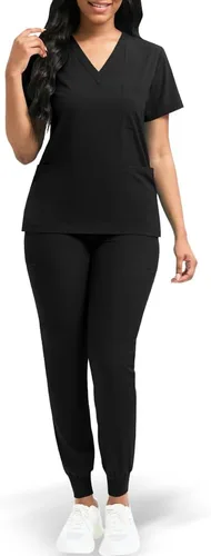 Vista 2 de niaahinn Conjunto de ropa quirúrgica clásica con cuello en V y pantalón deportivo de yoga, uniforme médico de enfermería