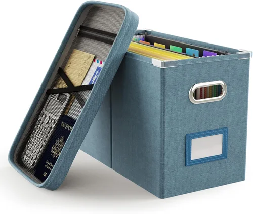 Vista 10 de Oterri Caja organizadora de archivos con tapa, caja de archivos colgante con bolsillo de malla, caja organizadora de documentos para archivos