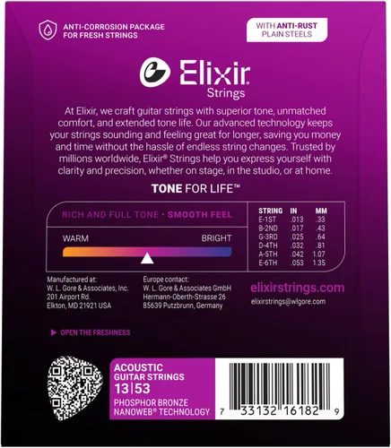 Vista 2 de Elixir, cuerdas de bronce para guitarra acústica 80/20 con recubrimiento Polyweb, extralivianas (.010-.047)
