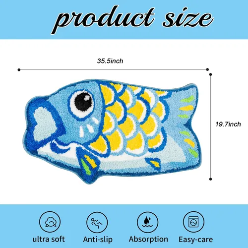 Vista 2 de Bonita alfombra de baño Koi de pez azul, antideslizante, de dibujos animados, divertidas, alfombras de baño y tapetes absorbentes para niños