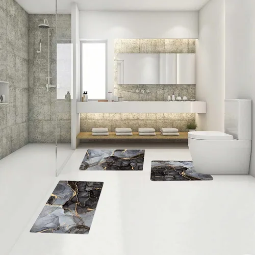 Vista 4 de EMMTEEY Juego de alfombras de baño de 3 piezas, alfombra de baño de mármol negro, gris y dorado, antideslizante, absorbente, para debajo