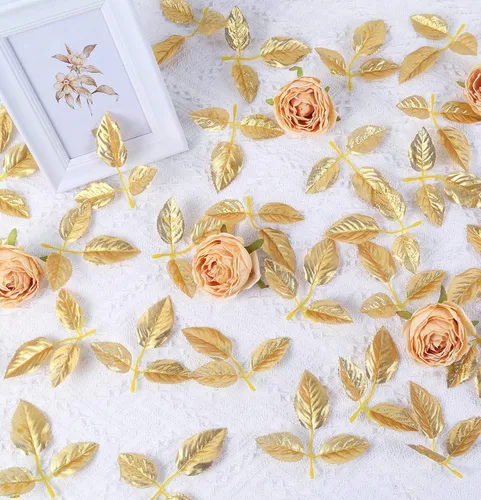 Vista 5 de 100 hojas de oro rosa artificiales a granel, hojas de rosa falsas para ramos de boda, centros de mesa, decoraciones de fiesta