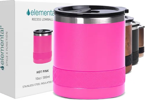Vista 21 de Elemental Recess Vaso bajo de 10 oz, taza de acero inoxidable de triple pared con tapa de Tritan no fracturable, vaso de whisky aislado, taza