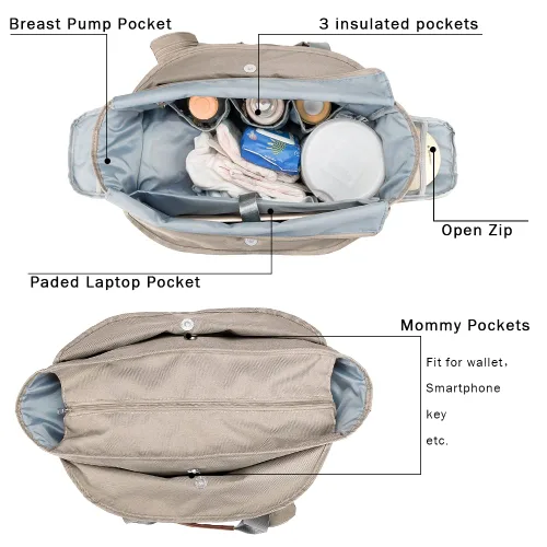 Vista 4 de Bolsa para extractor de leche – Bolsa de pañales para bebé con funda para laptop de 15 pulgadas y bolsillo de aislamiento, se adapta a la mayoría