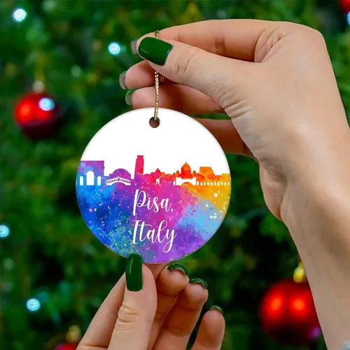 Vista 4 de Adorno de Navidad de cerámica de Pisa de Italia, estampado de dos caras, novedoso para familiares, amigos, niños, colgantes de recuerdo de Navidad