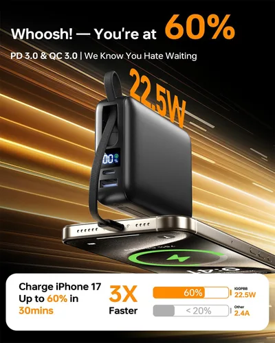 Vista 2 de Cargador Portátil 50000mAh Power Bank, Cargador de Teléfono Portátil con 2 Cables Integrados, 22.5W Carga Rápida Elementos Esenciales de Viaje