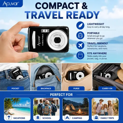 Vista 4 de Acuvar - Cámara digital de 16 MP, cámara compacta de apuntar y disparar con pantalla LCD de 2.4 pulgadas, tarjeta micro SD de 32 GB, cámara de viaje