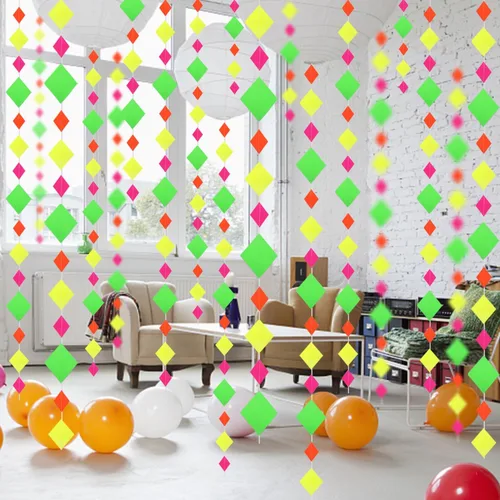Vista 6 de Guirnalda de Papel Neón de 110 pies, Serpentinas Neón, Estrella Perforada, Decoraciones Neón de Luz Negra que Brillan para Fiestas, Reactivas a UV