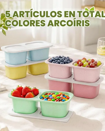 Vista 3 de Paquete de 5 recipientes reutilizables con tapas, 2 compartimentos pequeños Bento, lonchera de paja de trigo sin BPA para la escuela, viajes