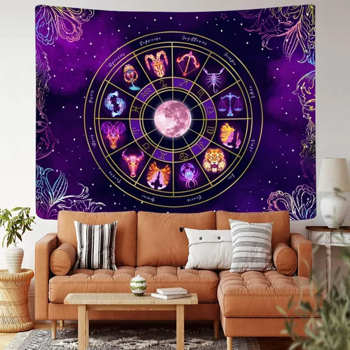 Vista 3 de Tapiz de luz negra del zodiaco – Reactivo UV que brilla en la oscuridad constelación brujería colgante de pared para dormitorio