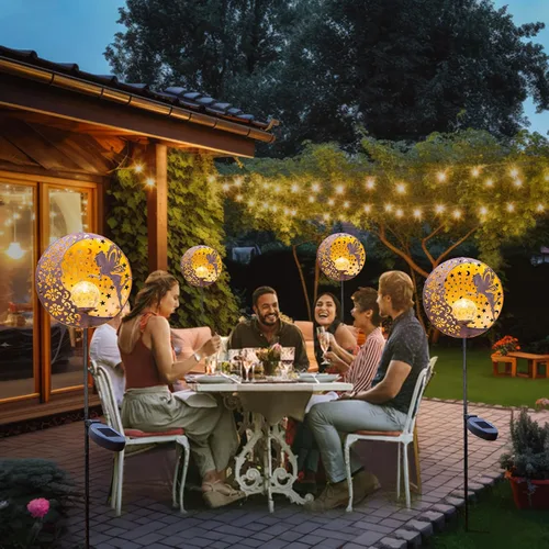 Vista 3 de Tryme Luces solares de jardín de hadas, estaca de globo de cristal con estrella de luna, luces decorativas impermeables para exteriores, patio