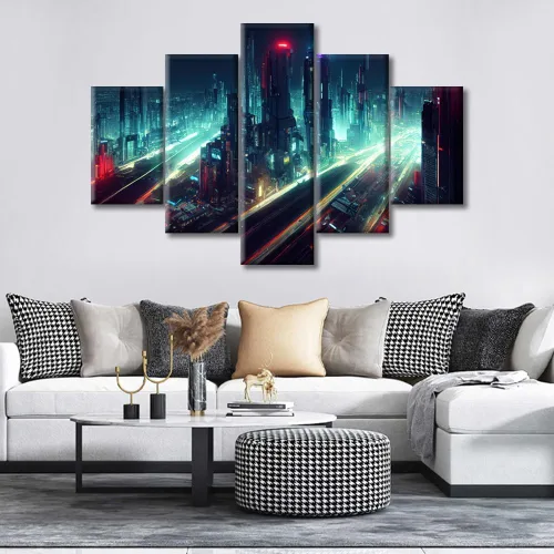 Vista 138 de Cuadros de 5 paneles de Cyberpunk City, arte de pared, representación de vallas publicitarias, edificios modernos en la capital con obras de arte