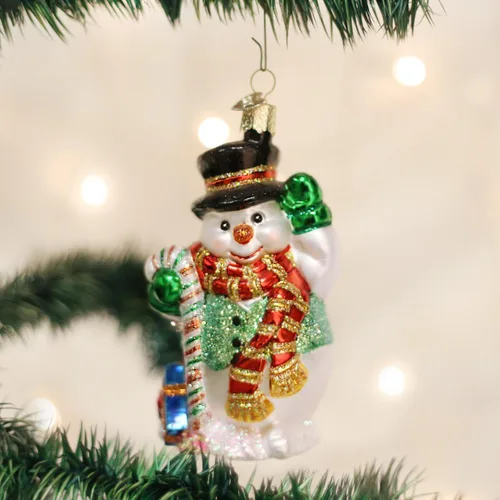 Vista 2 de Old World Christmas - Adorno de muñeco de nieve con bastón de caramelo hecho a mano, adorno de vidrio soplado para el árbol de Navidad, colección