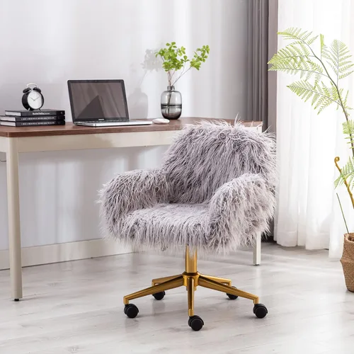 Vista 2 de KCC Silla de escritorio de oficina esponjosa, silla giratoria moderna de pelo sintético con ruedas, sillas de acento suaves, cómodas, elegantes