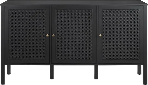 Vista 4 de Crosley Furniture Perry - Aparador de ratán moderno con armarios de almacenamiento, Credenza, soporte de TV, color negro