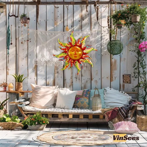 Vista 6 de Decoración de pared de sol de metal de 19 pulgadas, decoración de pared de sol de metal 3D de doble capa y vidrio para exteriores e interiores