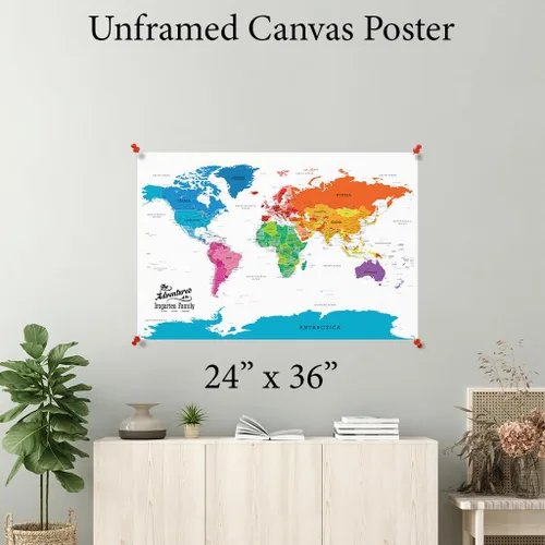 Vista 2 de Póster personalizado en lienzo enrollado con mapa del mundo, arte de pared grande de 24 x 36 pulgadas, póster de mapa del mundo colorido, decoración