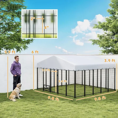 Vista 7 de PawHut Perrera para perros al aire libre de 10' x 10' x 6' con cuencos giratorios de 360°, plateado