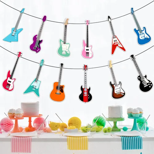 Vista 5 de Cartel de feliz cumpleaños de guitarra, decoración geométrica multicolor para fiestas temáticas de música para niños y niñas, 5 x 78 pulgadas