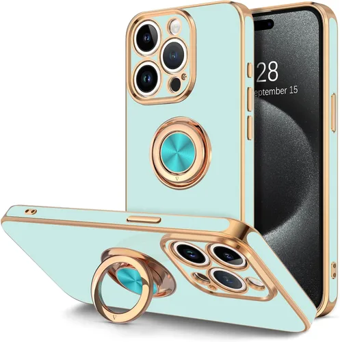 Vista 26 de Hython Funda para iPhone 15 con Soporte de Anillo, Soporte de Anillo Giratorio de 360° Soporte Magnético, Borde Chapado en Oro Rosa Cubierta Suave