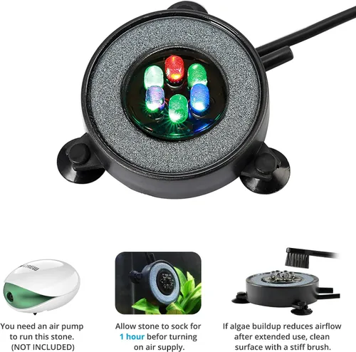 Vista 4 de NICREW Disco de Piedra de Aire LED Multicolor para Acuario, Burbujeador Redondo para Tanque de Peces con LED que Cambian de Color Automáticamente