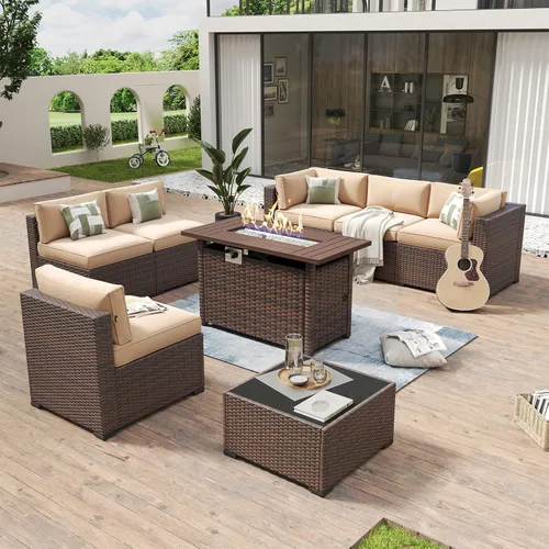 Vista 18 de Aoxun - Juego de 7 piezas de muebles de patio de mimbre de ratán, conjunto de sofá modular para conversación de patio con mesa de café y cojines