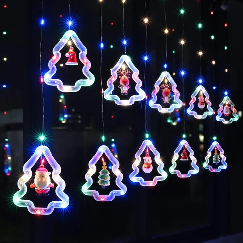Vista 2 de BLOOMWIN Luces de Ventana de Navidad Decoraciones de Ventana Navideñas Iluminadas - Luz de Anillo en Forma de Árbol con Luz de Cortina de Ornamento