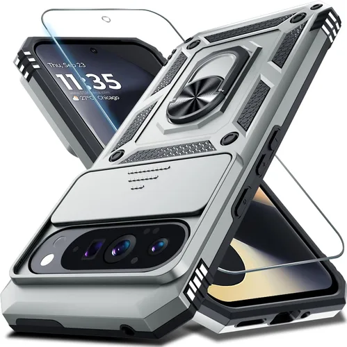 Vista 13 de Janmitta - Funda compatible con Google Pixel 9 Pro XL con cubierta deslizante para lente de cámara incorporada + protector de pantalla + soporte