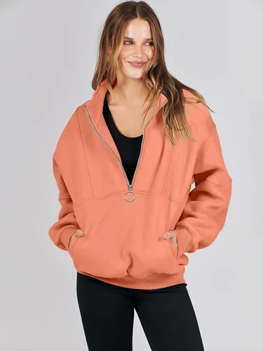 Vista 7 de ANRABESS Sudaderas de forro polar con media cremallera para mujer, de gran tamaño, con cremallera de un cuarto, ropa de moda para otoño de 2024