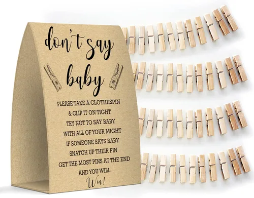 Vista 7 de Juego de texto en inglés "Don't Say Baby", un letrero de 5 x 7 pulgadas y 50 mini pinzas para la ropa, juegos de baby shower, decoración de baby