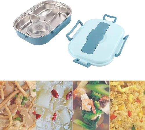 Vista 4 de Yosoo Lonchera de acero inoxidable, caja Bento portátil de 4 rejillas, contenedor de almacenamiento de alimentos para adultos, la tapa contiene Azul