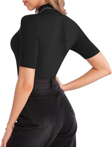 Vista 3 de MANGOPOP Camiseta de manga corta de 34 con cuello alto falso para mujer, corte ajustado, media codo