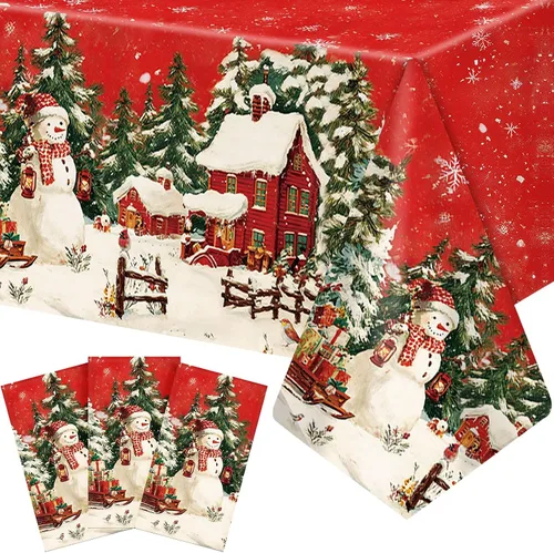 Vista 9 de Frienda Paquete de 3 manteles de plástico para Navidad, mantel de Navidad desechable rectangular para decoración de fiesta de Navidad, suministros