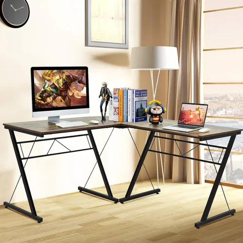 Vista 7 de Tangkula Escritorio en forma de L, escritorio de esquina para computadora, ahorro de espacio y multifuncional, escritorio de oficina en casa