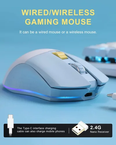 Vista 3 de DAREU Ratón inalámbrico para juegos con cable de doble modo recargable, 7 botones programables, 10 K DPI, RGB y 7 niveles de DPI ajustables hasta